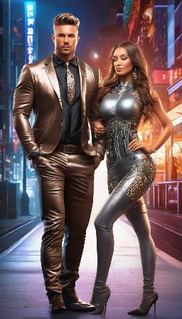 A Couple with a torso implant in Steam Metal style, great quality, in a city; high resolution; only implanted man; 8k; variety of details; high definition; variety of complexion and face in the implanted